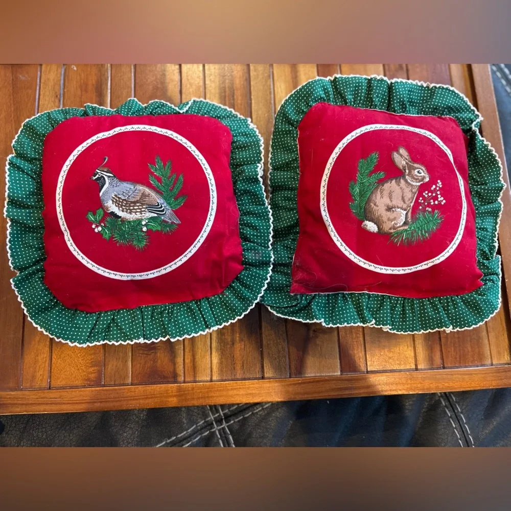 Vintage Double Sided Quilted Wildlife Throw Pillow Set Cottage core Holiday